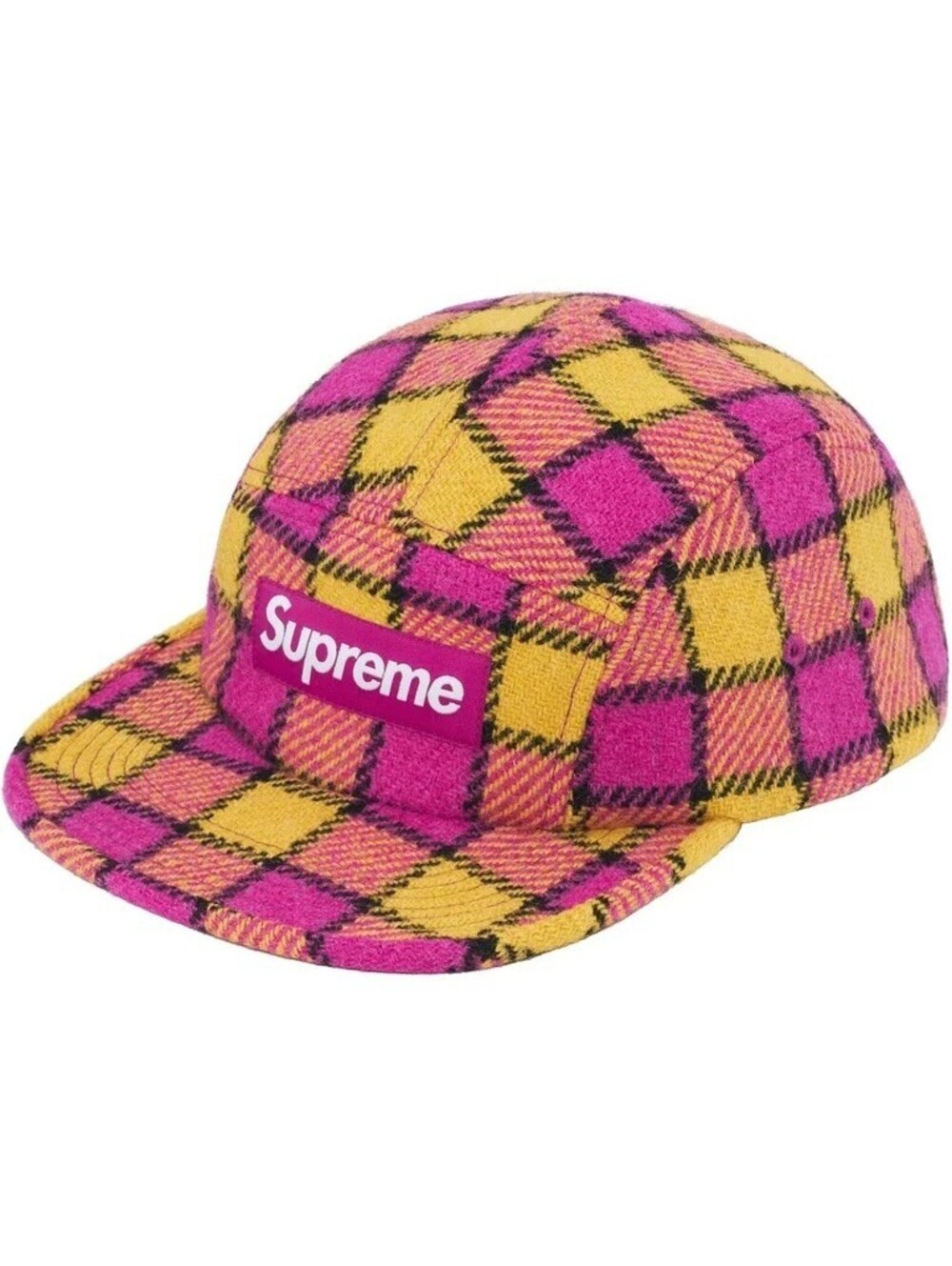 NEW Supreme Harris Tweed Box Logo Camp Cap Hat Pink Yellow Plaid SS25 AUTHENTIC